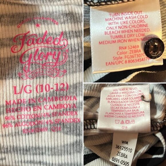 Faded Glory Half Button Ribbed Long SleeveTshirt Black White L 10/12 - Picture 8 of 9